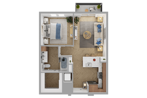Floor plan for 1 bed, 1 bath, 644 sqft